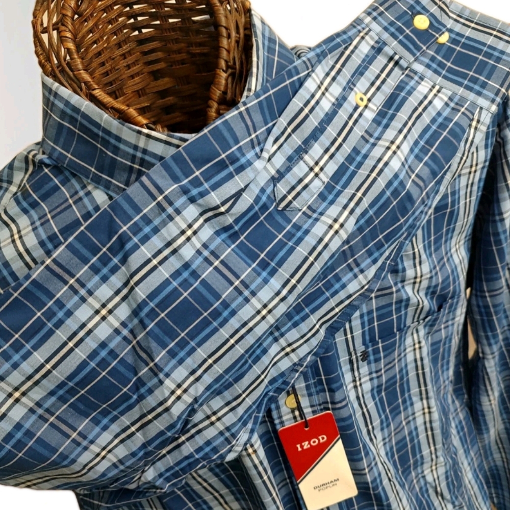 Izod M Cotton Durham Poplin Button Down L/S Shirt In Blue Revival Plaid NWT Read - Picture 3 of 10